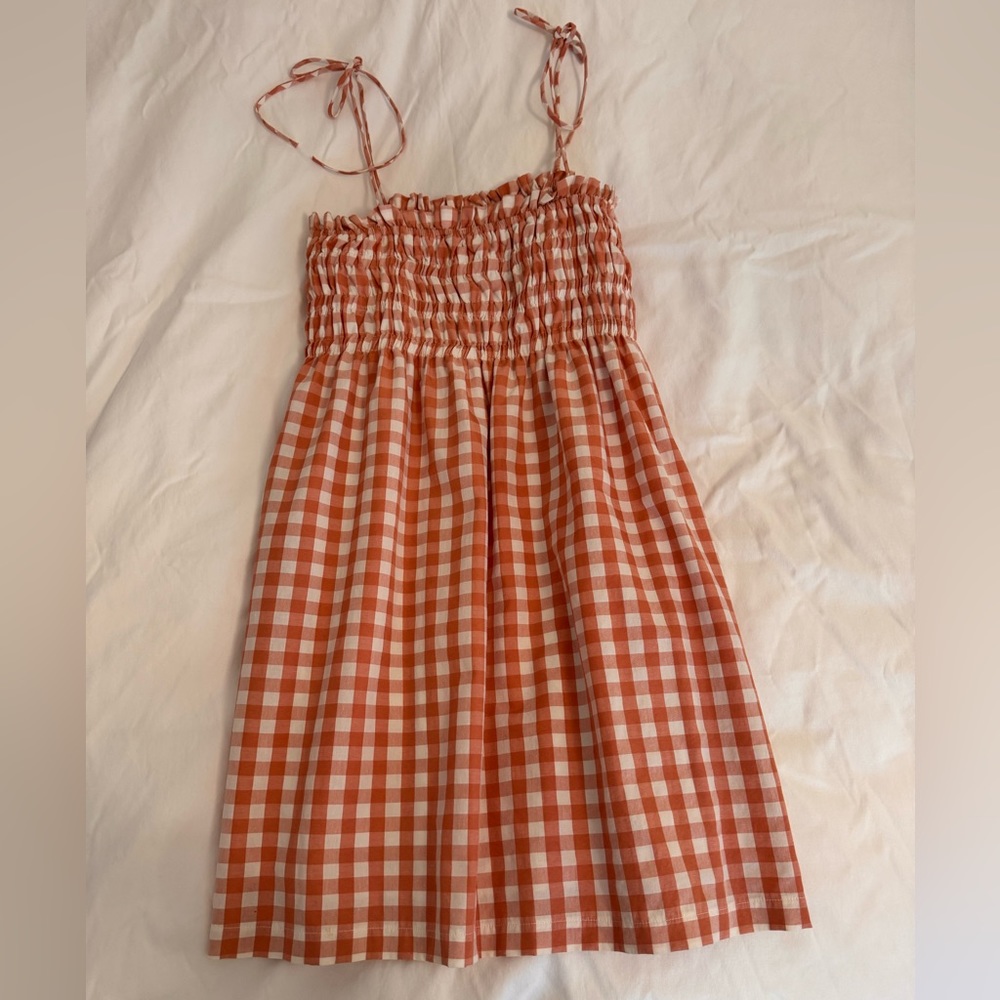 &merci medium gingham babydoll dress in light coral & white, with pockets!